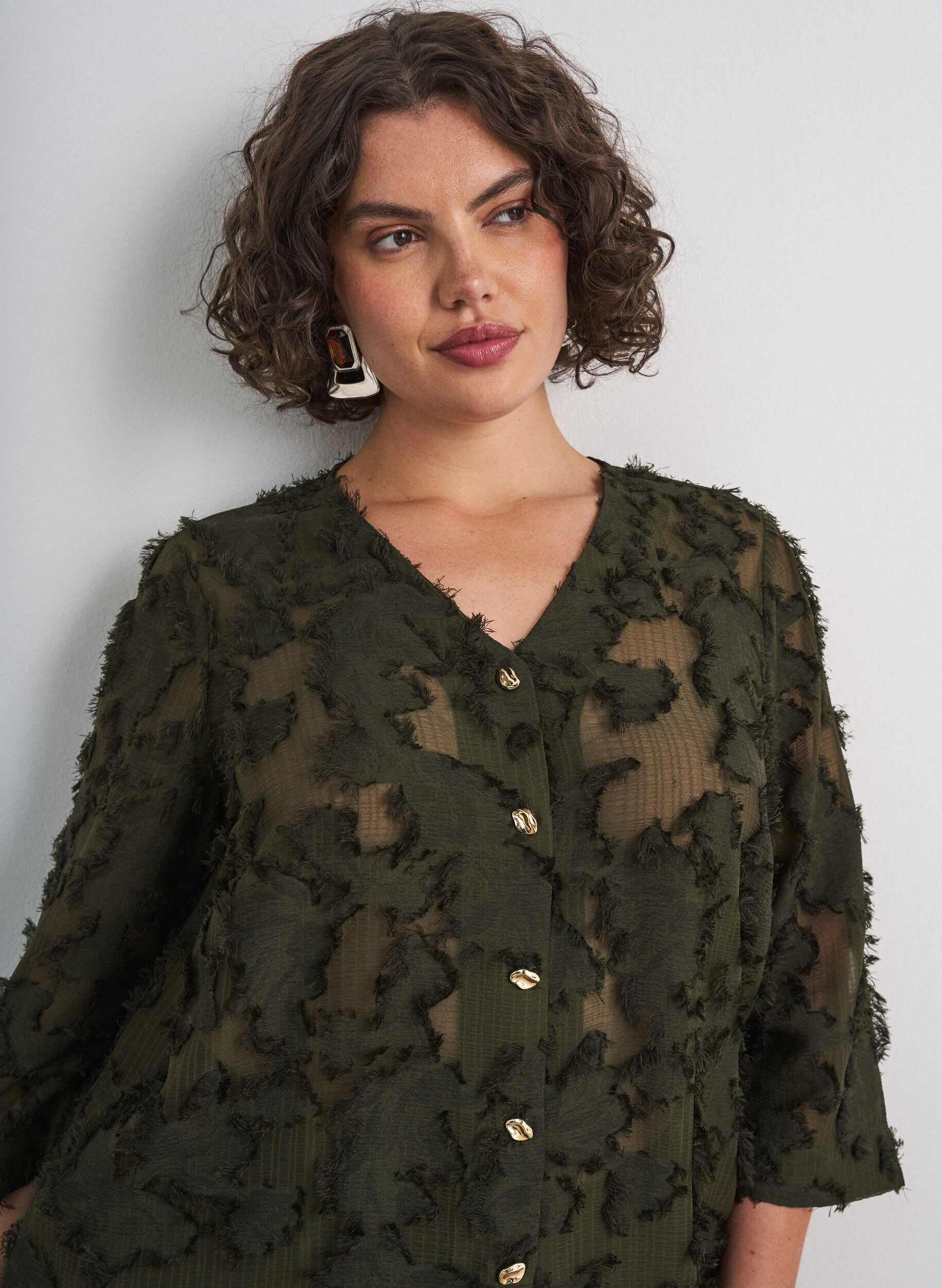 ZizzifashionBlouse with frayed threads and texture, Green, Model image number 3