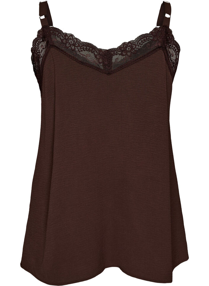Cami top with a V-neck and lace trim, Brown, Packshot image number 1
