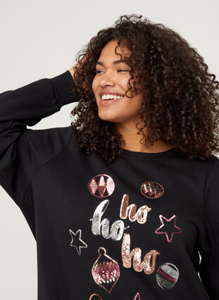 Christmas sweatshirt with sequins, Black, Model image number 2