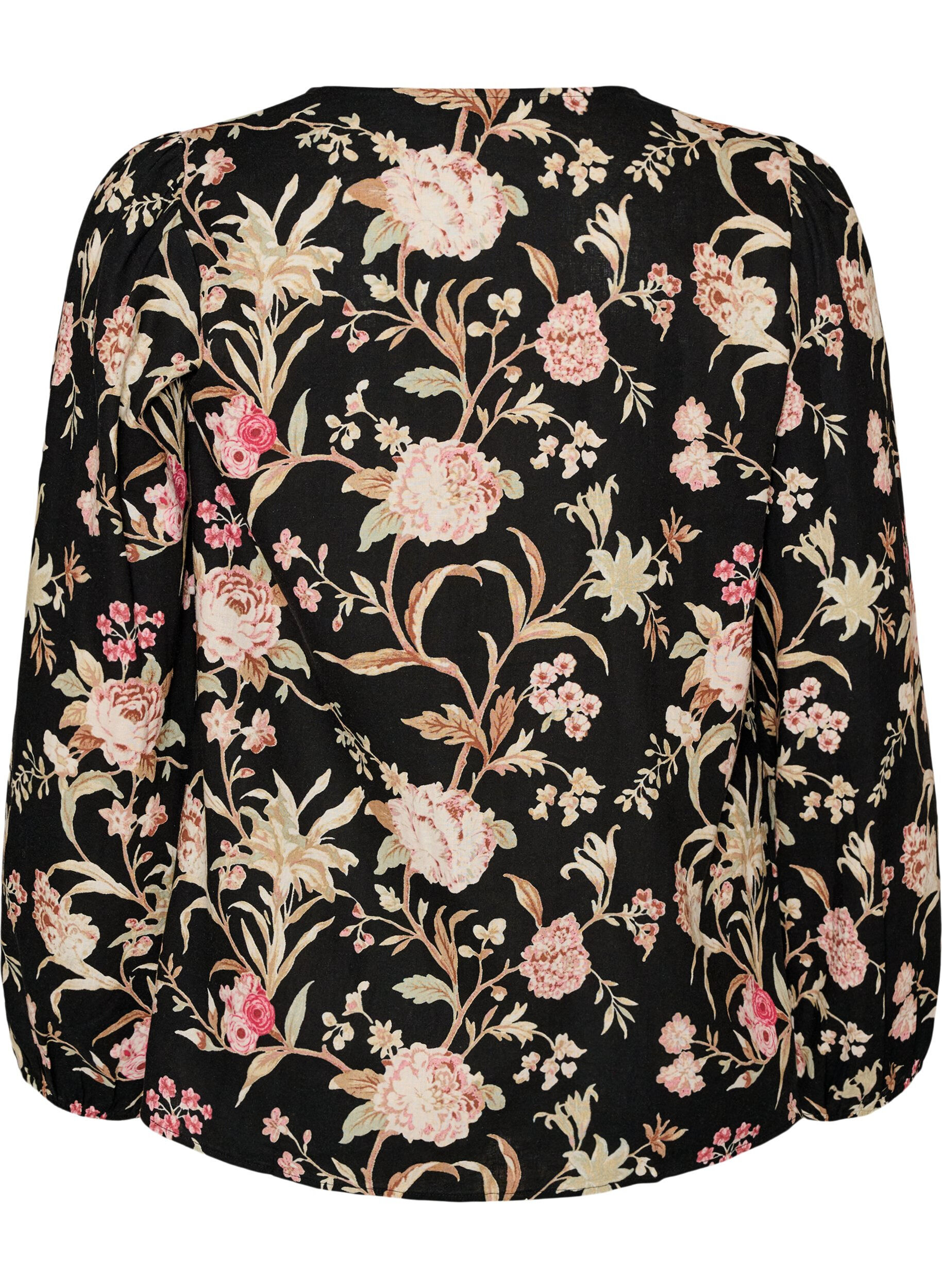 ZizzifashionFloral blouse in linen and viscose with long sleeves, Black, Packshot image number 1