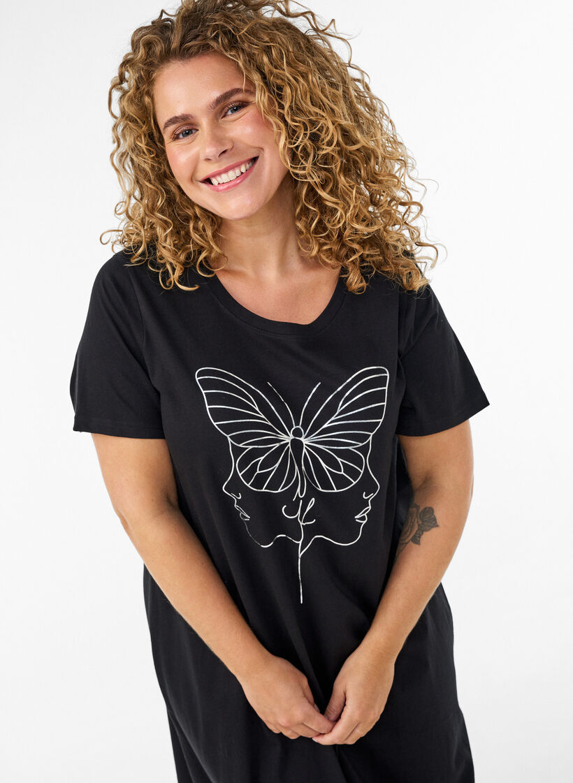 Midi nightgown in organic cotton, Black, Model image number 2