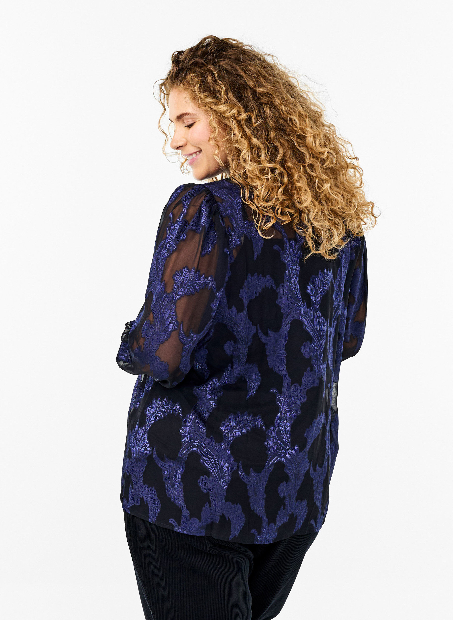 Zizzifashion Chiffon blouse with jacquard pattern, Evening Blue, Model image number 1