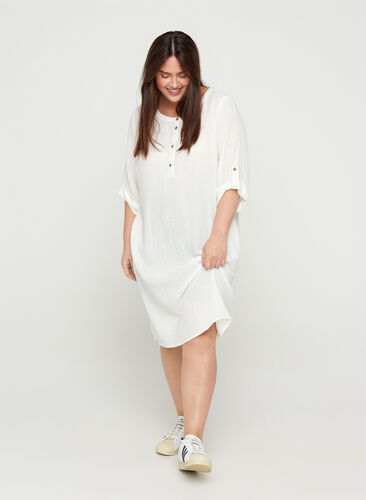 Cotton dress with buttons and 3/4 sleeves, Bright White, Model image number 0