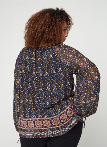 Long-sleeved blouse with a floral print, Navy Blazer AOP, Model image number 1