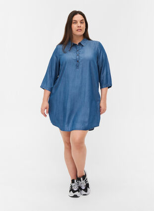 Tunic with collar and 3/4 sleeves, Blue denim, Model image number 2