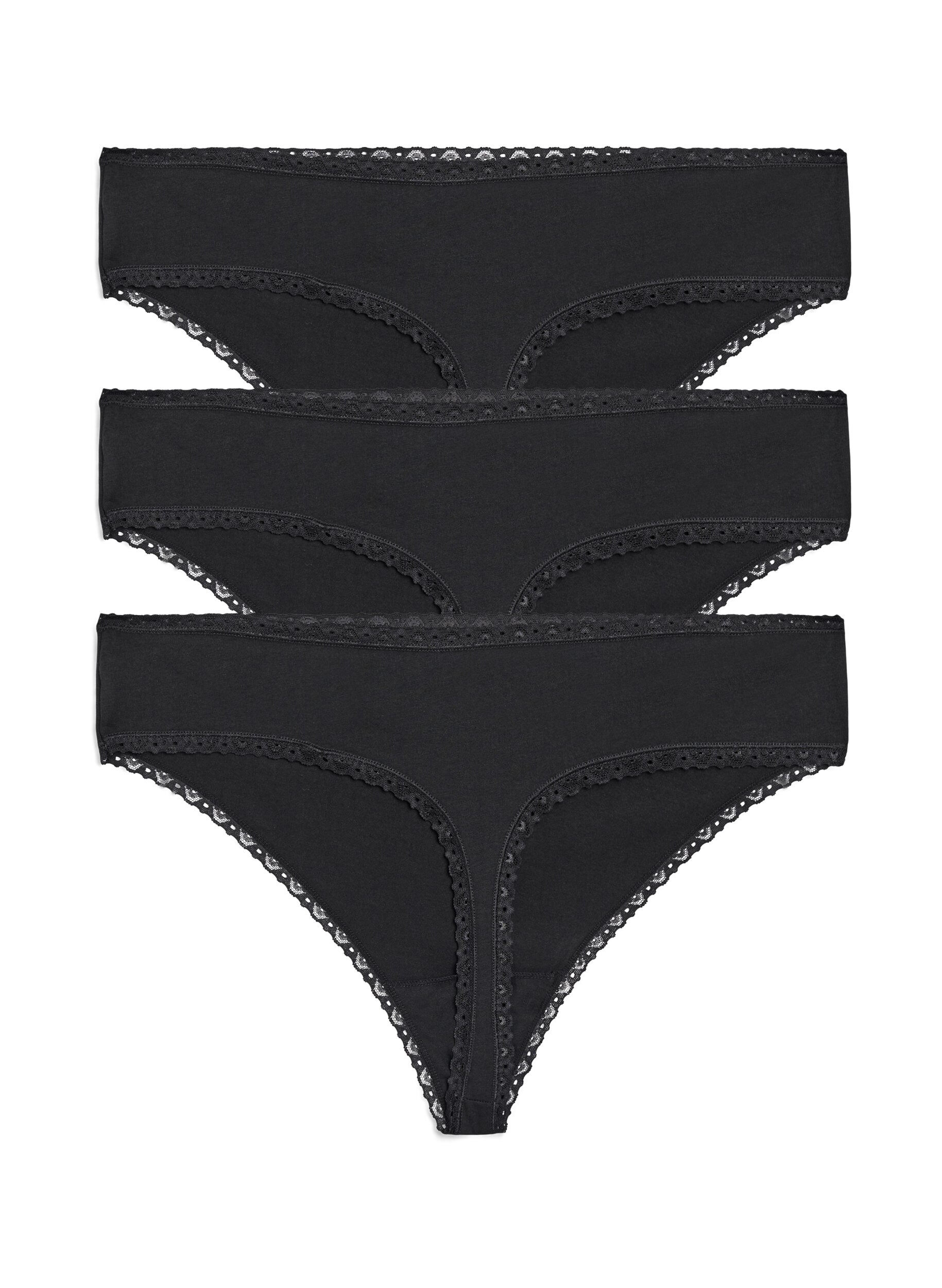 Zizzifashion 3-pack thong with lace edges, Black, Packshot image number 1