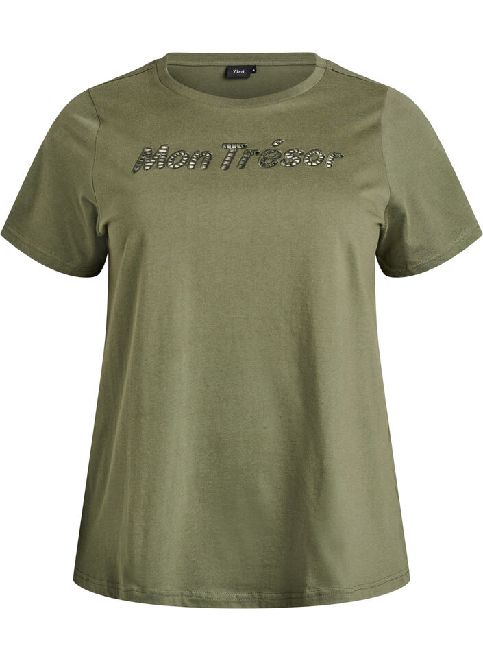 Cotton t-shirt with decorative front detail, Green, Packshot image number 0