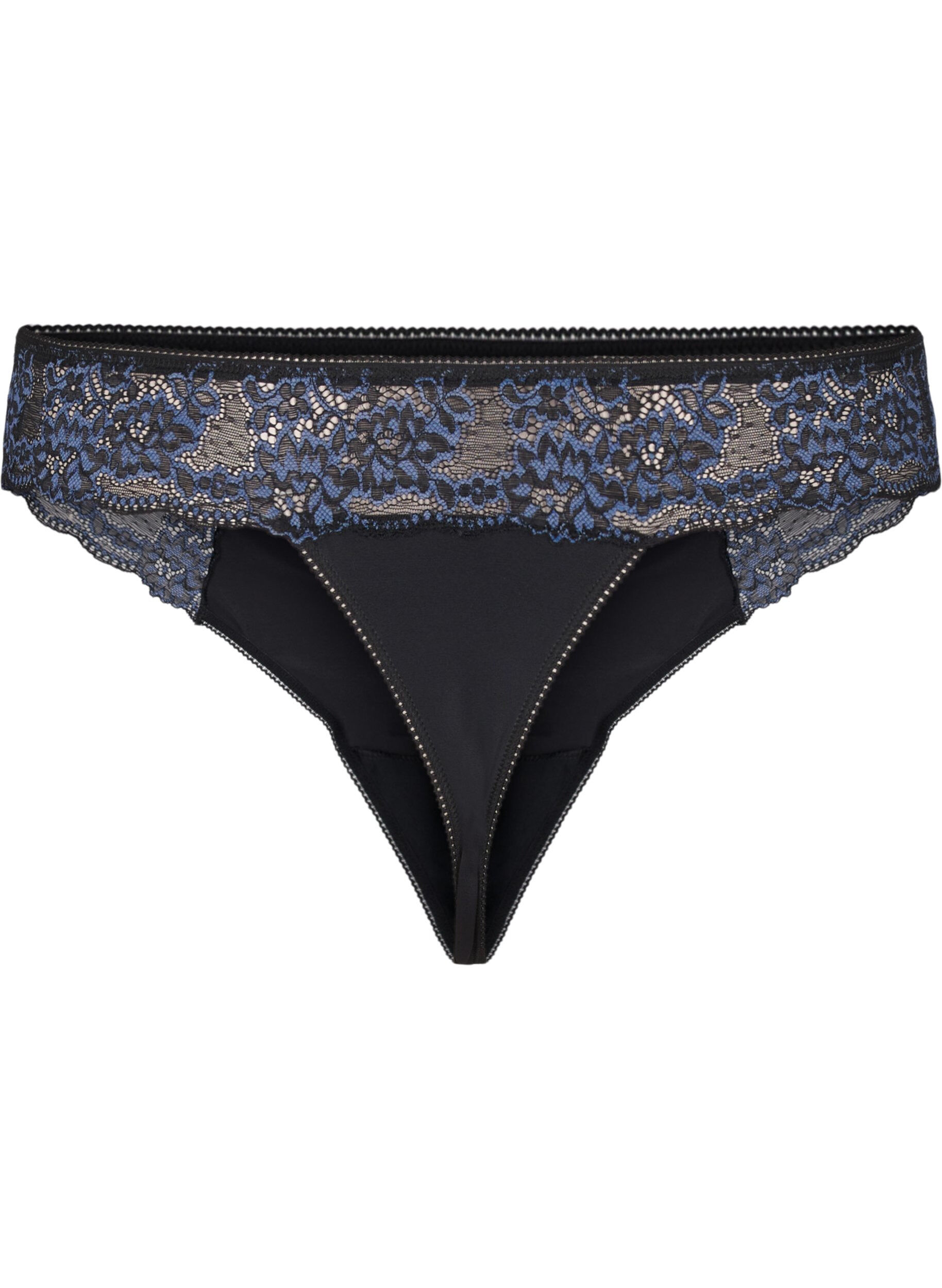 Zizzifashion Microfibre G-string with lace, Black w Blue, Packshot image number 1