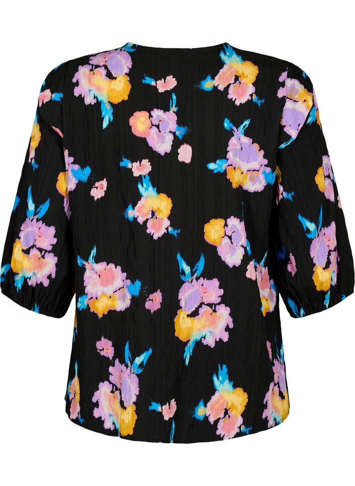Floral blouse with round neck and zip, Black, Packshot image number 1