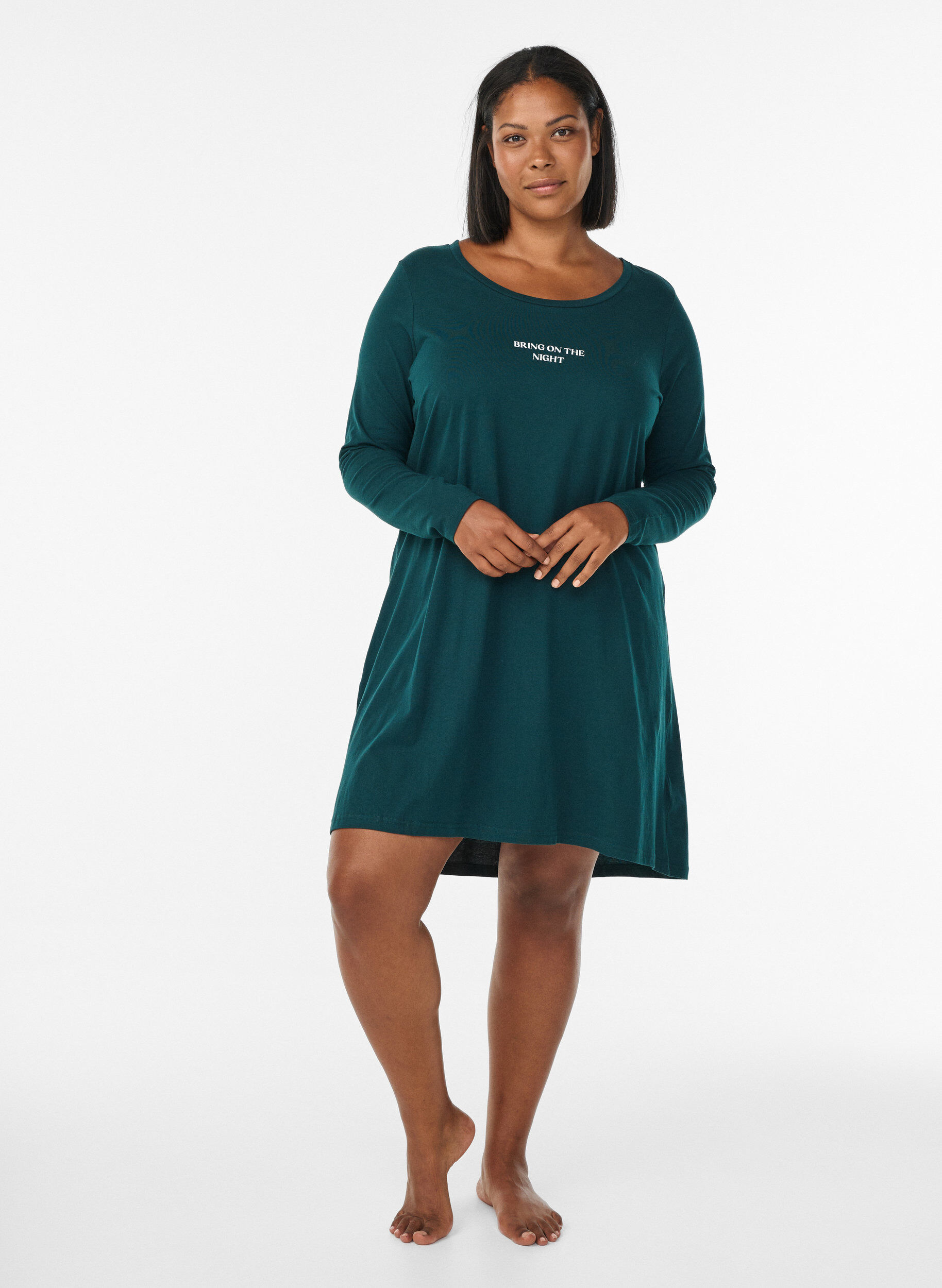 ZizzifashionLong-sleeved nightgown in organic cotton, Green, Model image number 1