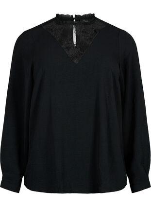 Long sleeved blouse with lace detail, Black, Packshot image number 0