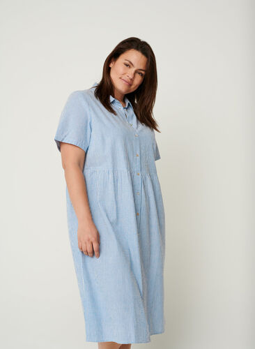 Striped cotton midi dress, Light blue denim, Model image number 0