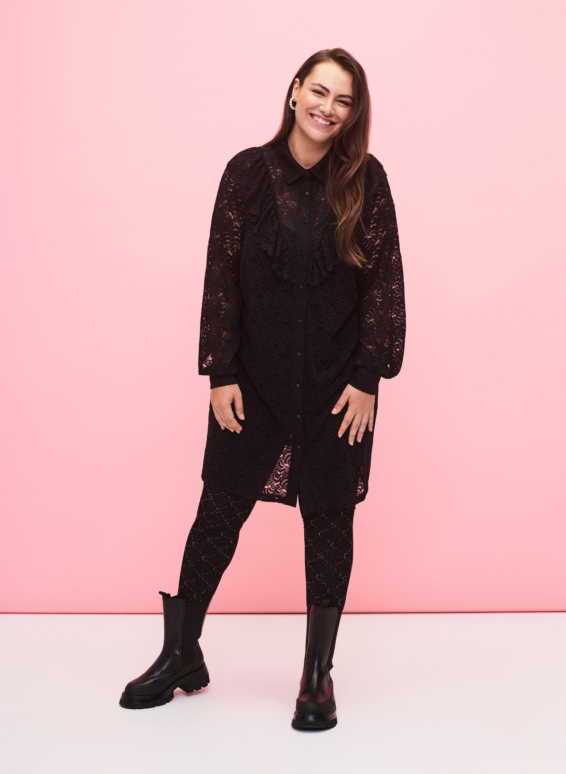 Zizzifashion Lace shirt dress with frills, Black, Model image number 2