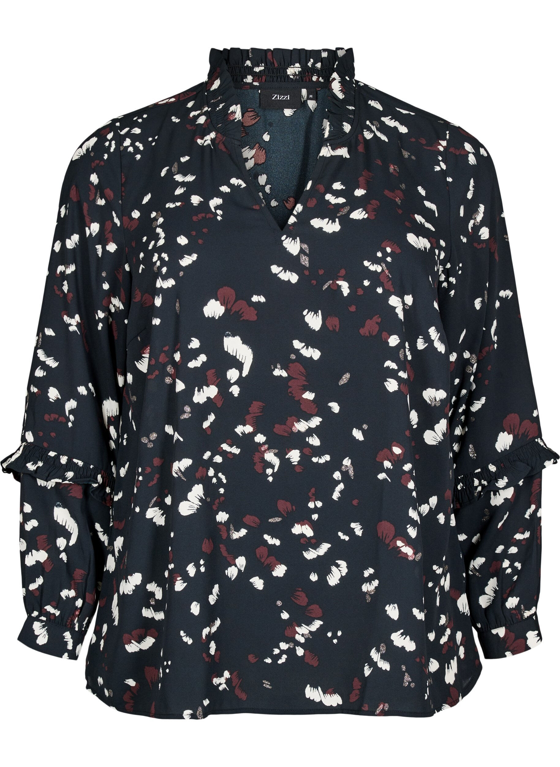 Zizzifashion Blouse with print and ruffle details, Black, Packshot image number 0