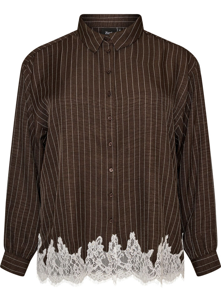 Pinstripe shirt with lace trim, Brown, Packshot image number 0