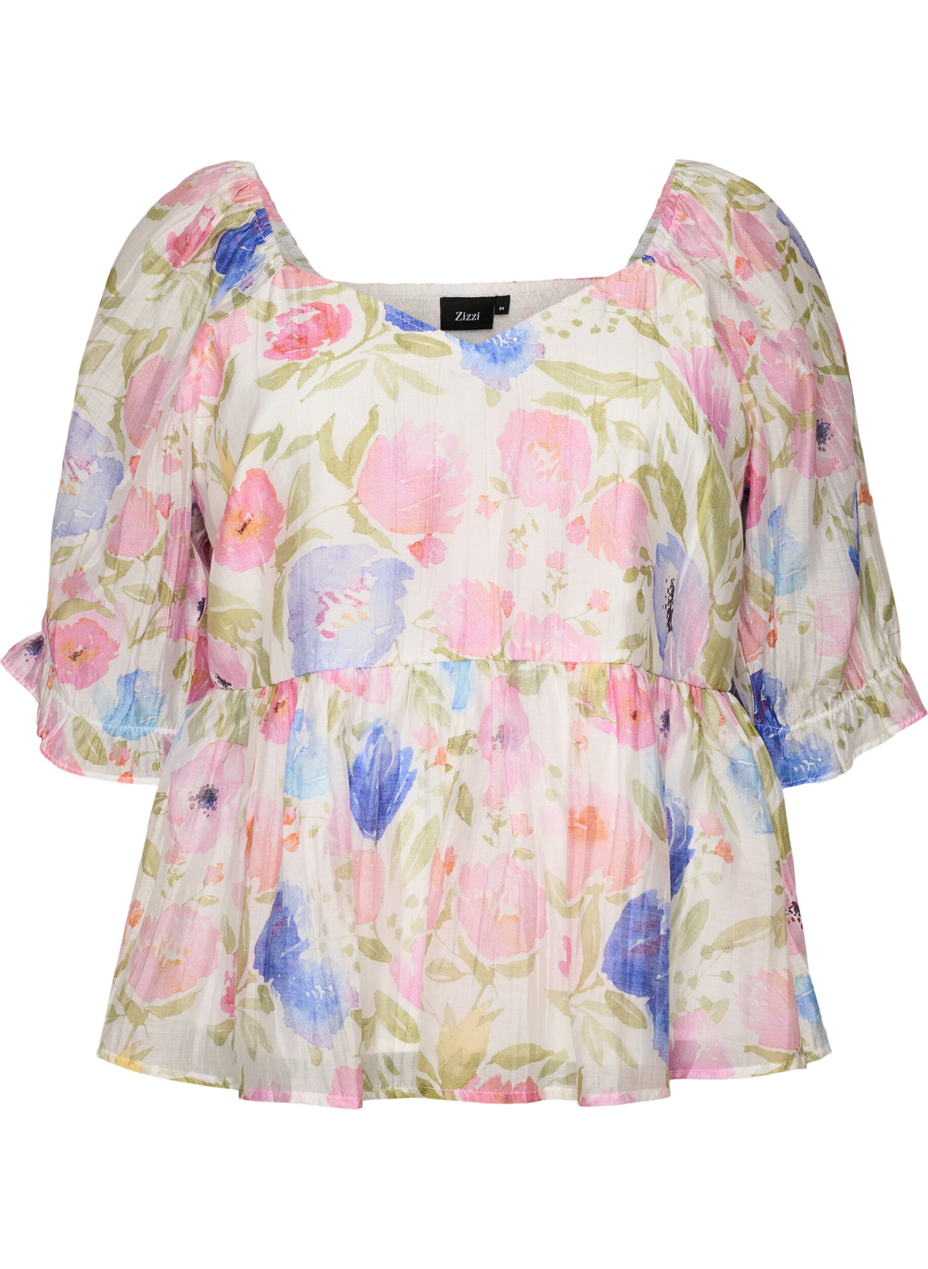 Zizzifashion Lyocell blouse with floral print and sweetheart neckline, White, Packshot image number 0