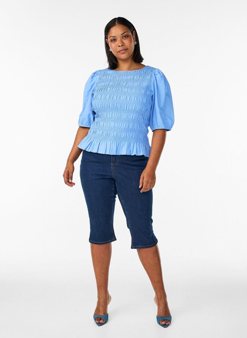 Smock blouse with a ruffle hem and boat neck, Blue, Model image number 1