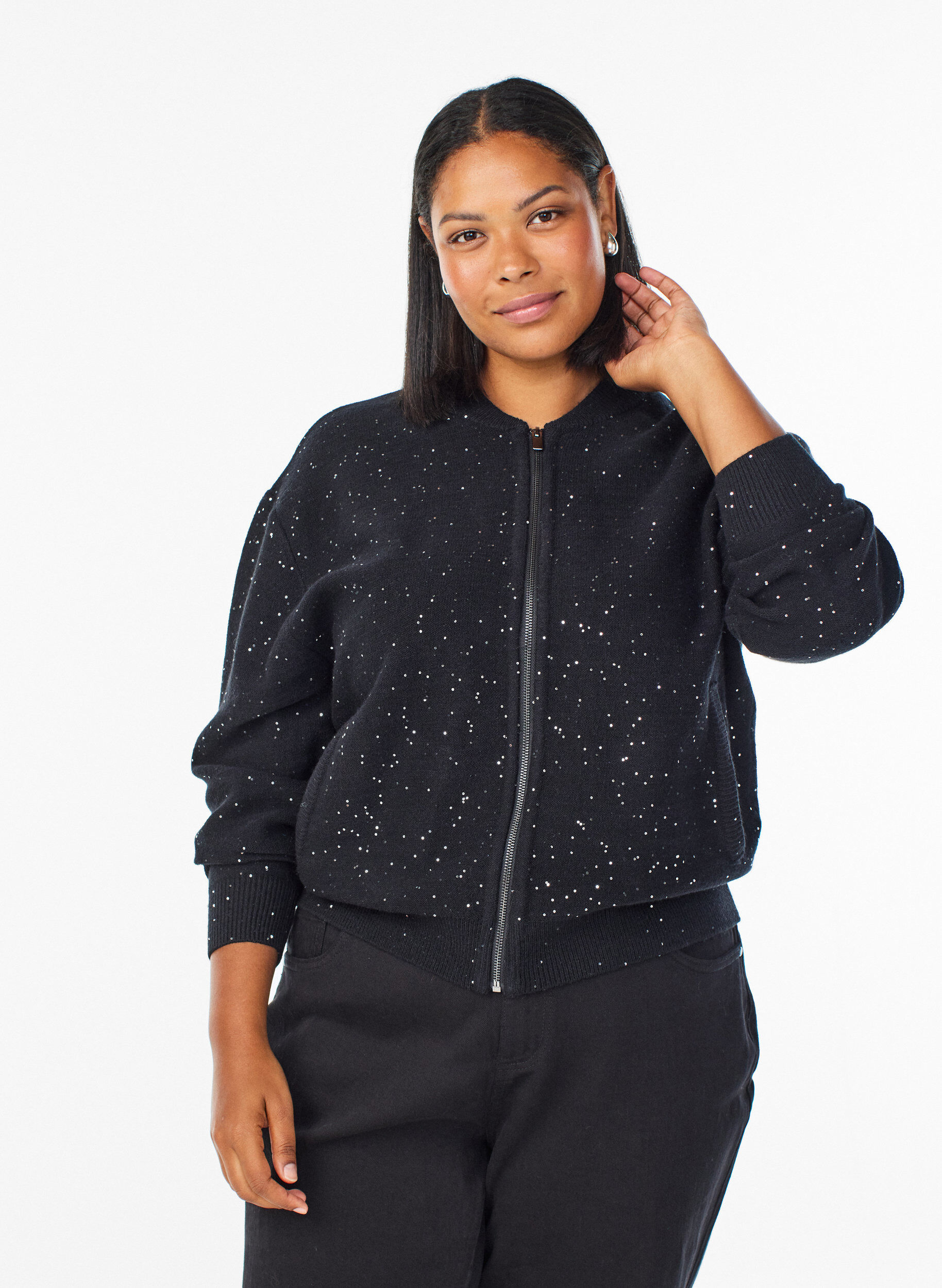 Cardigan with zipper and sequins, Black, Model