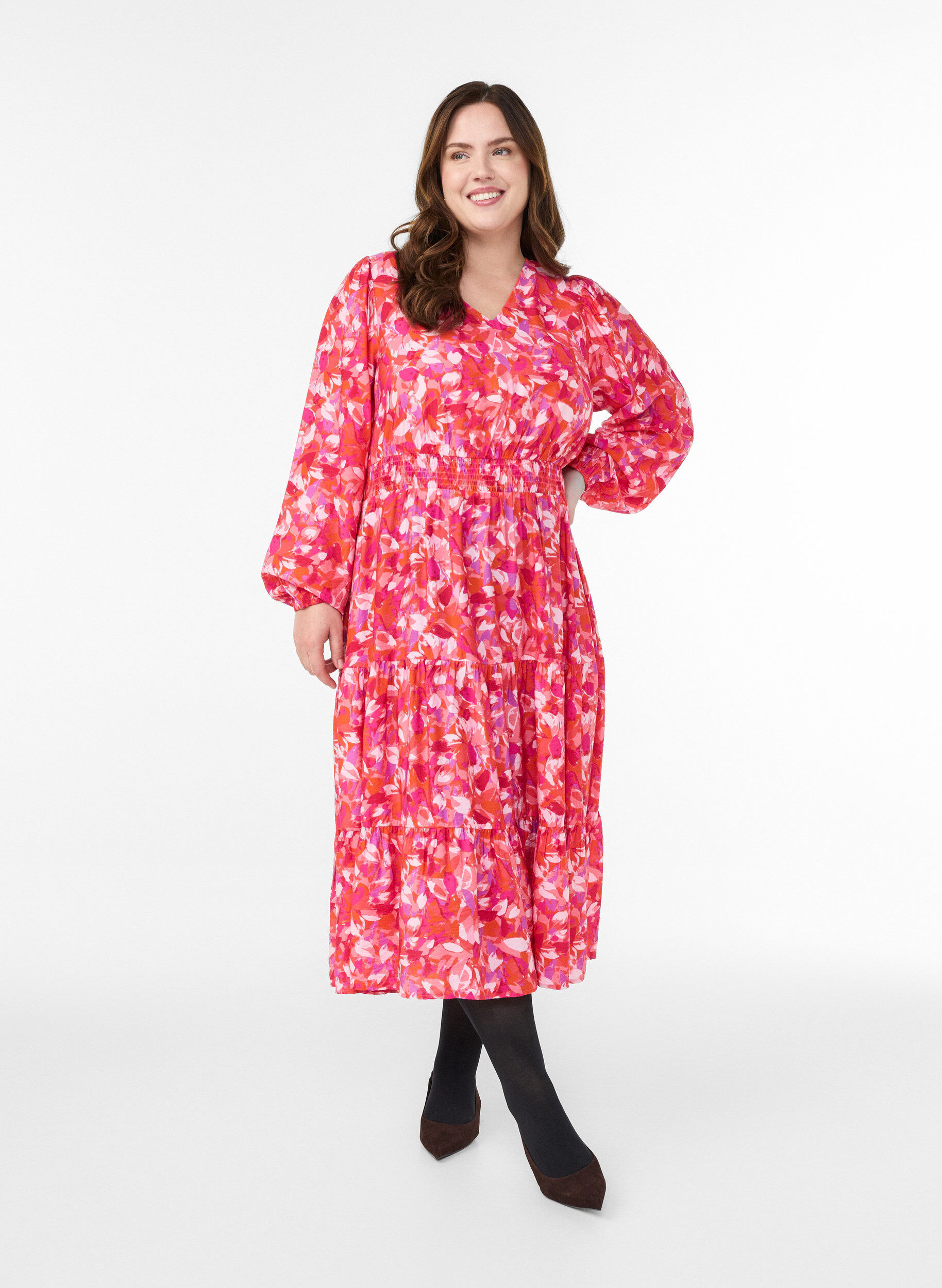 Midi dress with colourful leaf pattern, Pink, Model