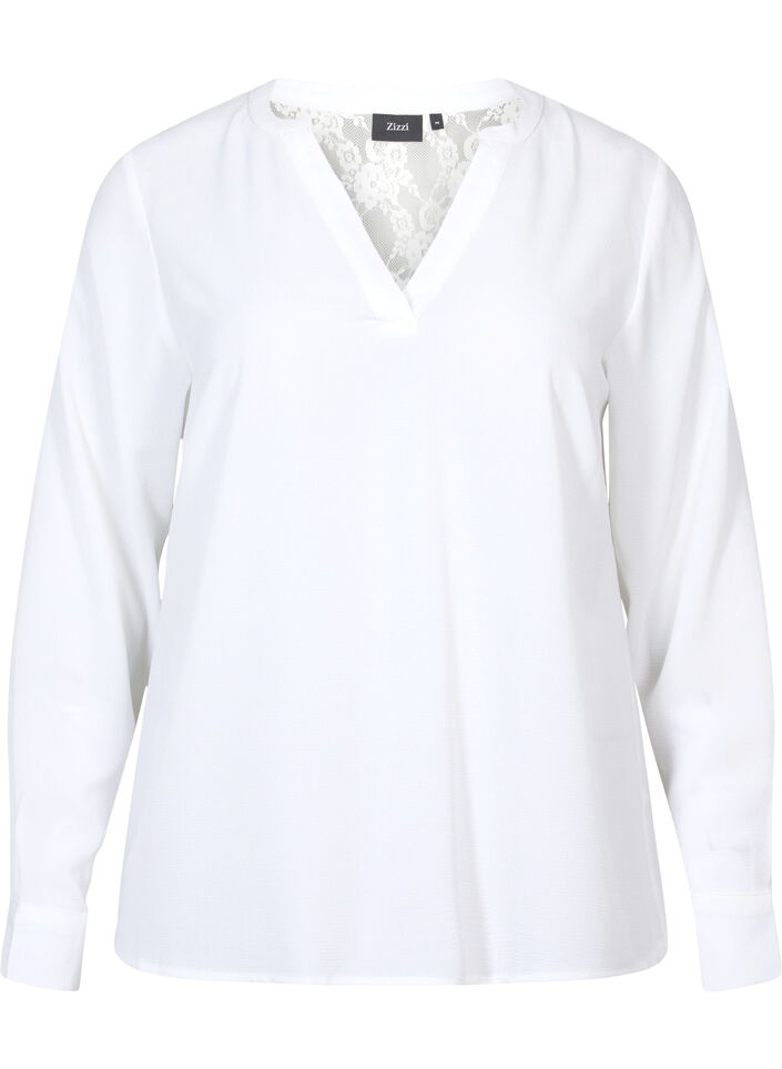 Long-sleeved blouse with lace detail (GRS), Bright White, Packshot image number 0