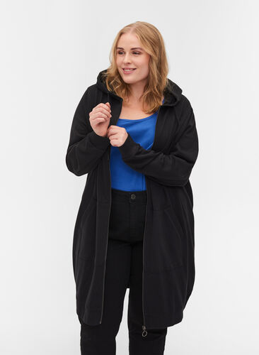 Long sweat cotton cardigan, Black, Model image number 0