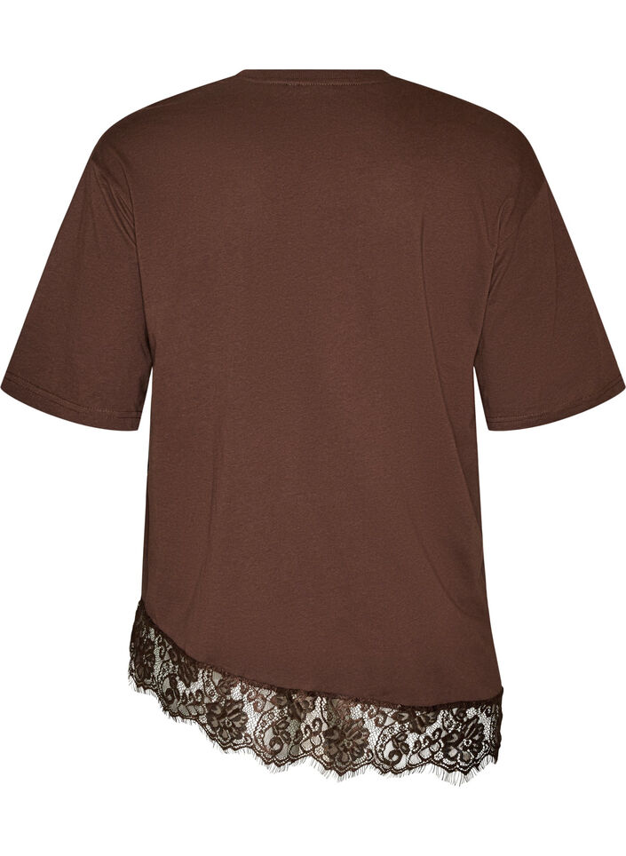 T-shirt with asymmetric lace hem, Brown, Packshot image number 1