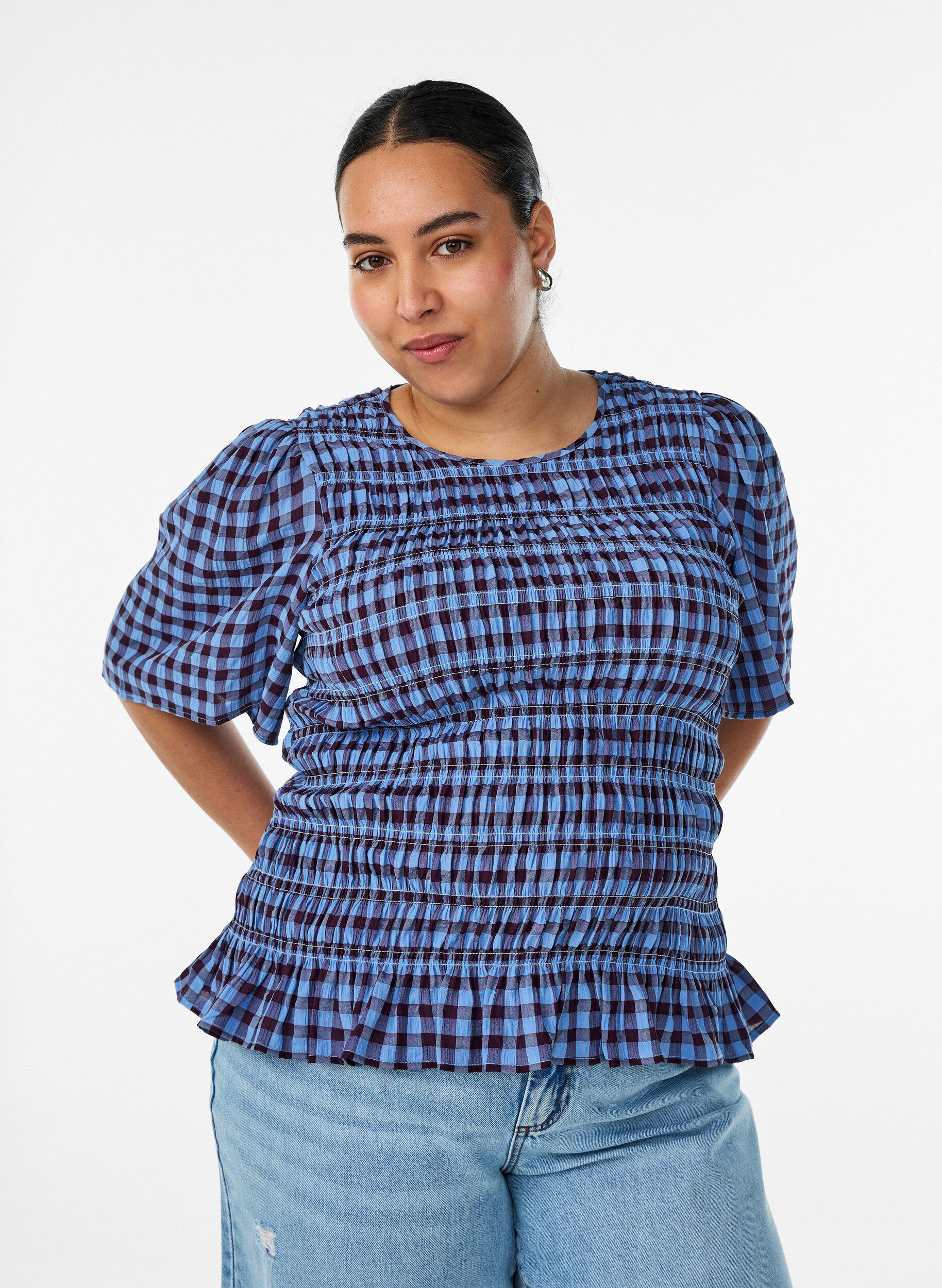 Smock blouse with gingham check and ruffle hem, Blue, Model