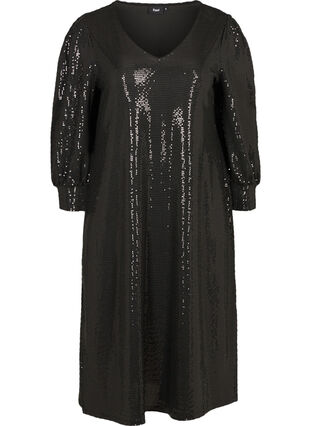 Sequined dress with a slit an 3/4 length sleeves, Black, Packshot image number 0