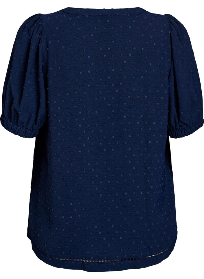 Blouse with short puff sleeves and dotted texture, Navy Blazer, Packshot image number 1