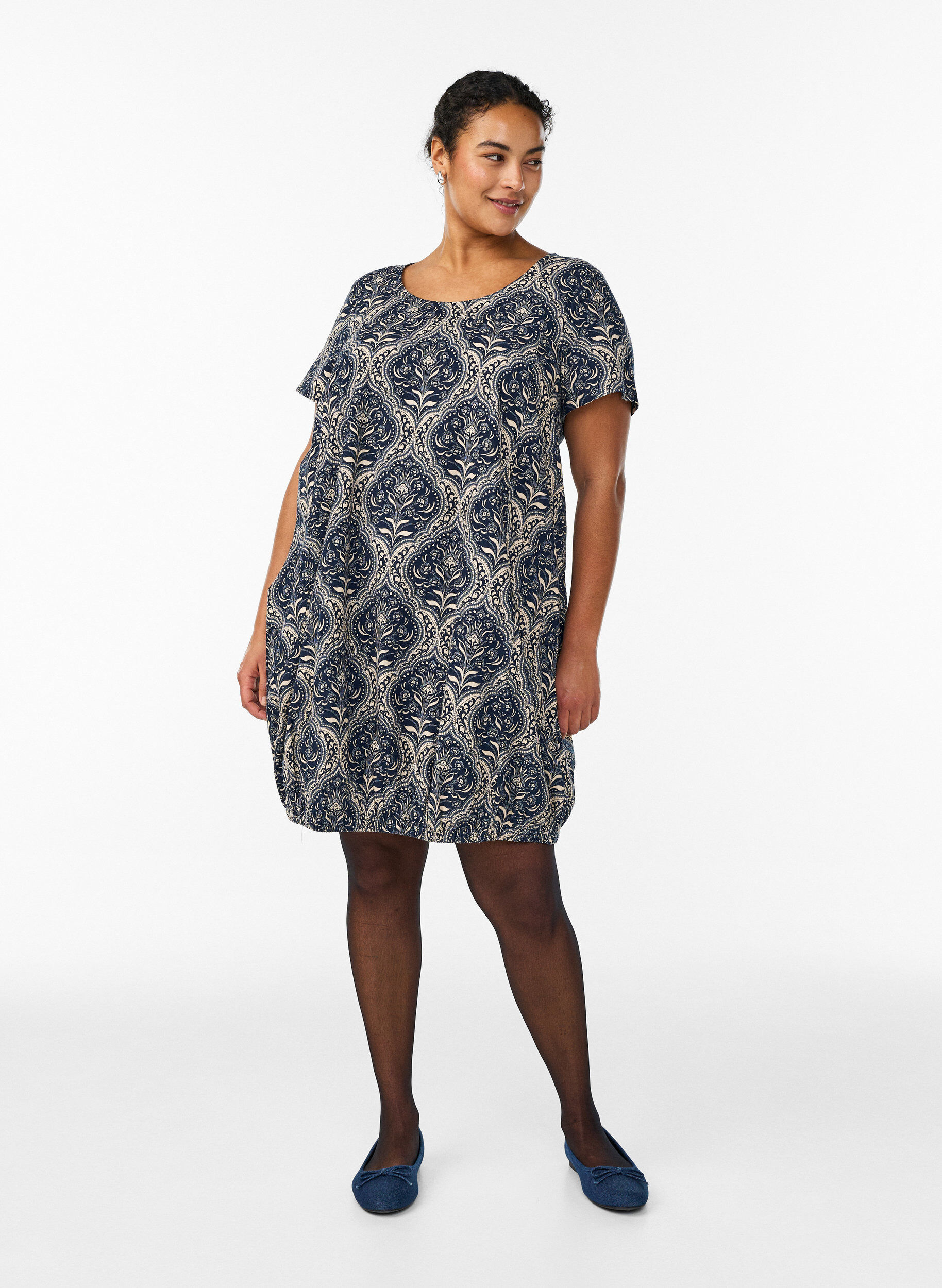 Zizzifashion Short-sleeved cotton dress with print, Blue, Model image number 1