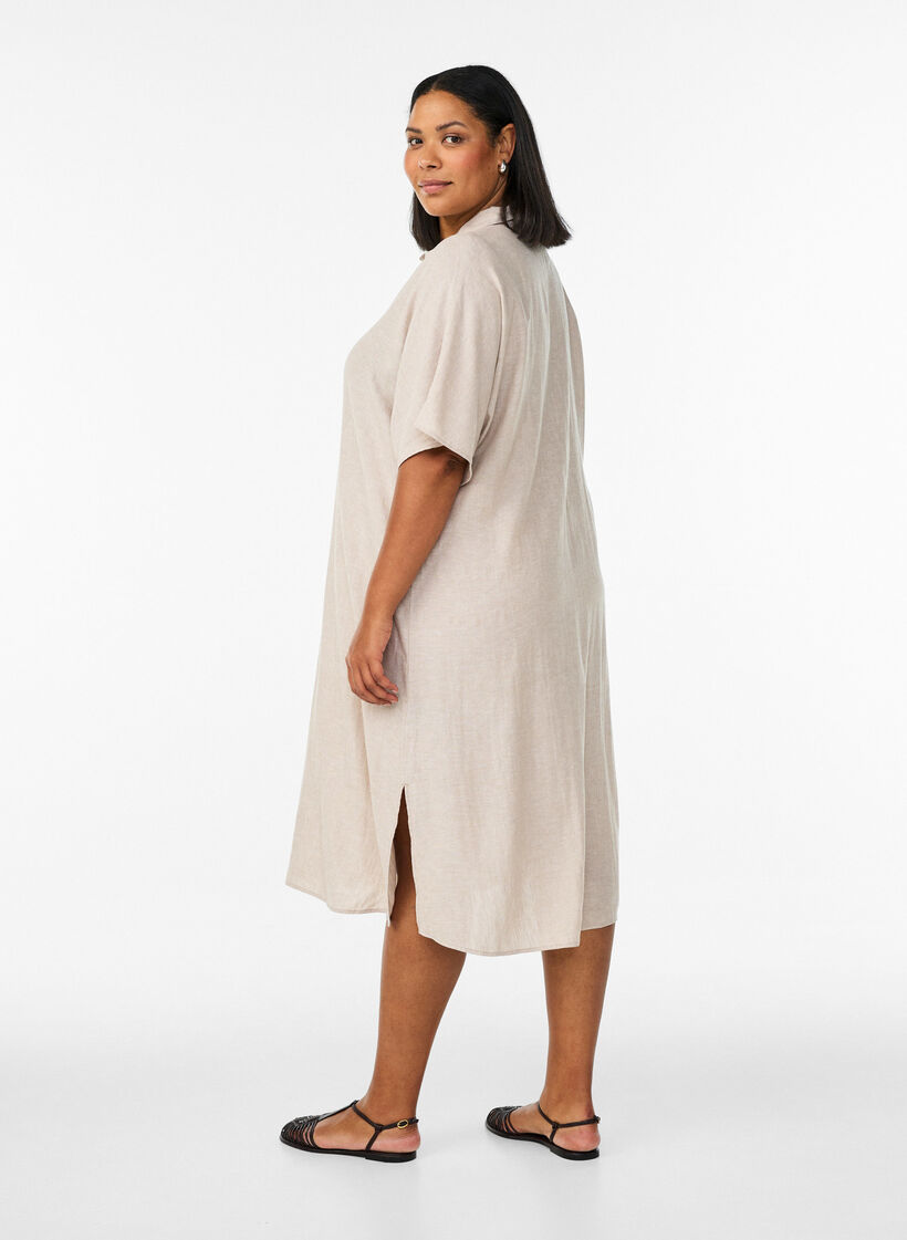 Shirt dress in linen and viscose with short sleeves, Beige, Model image number 2