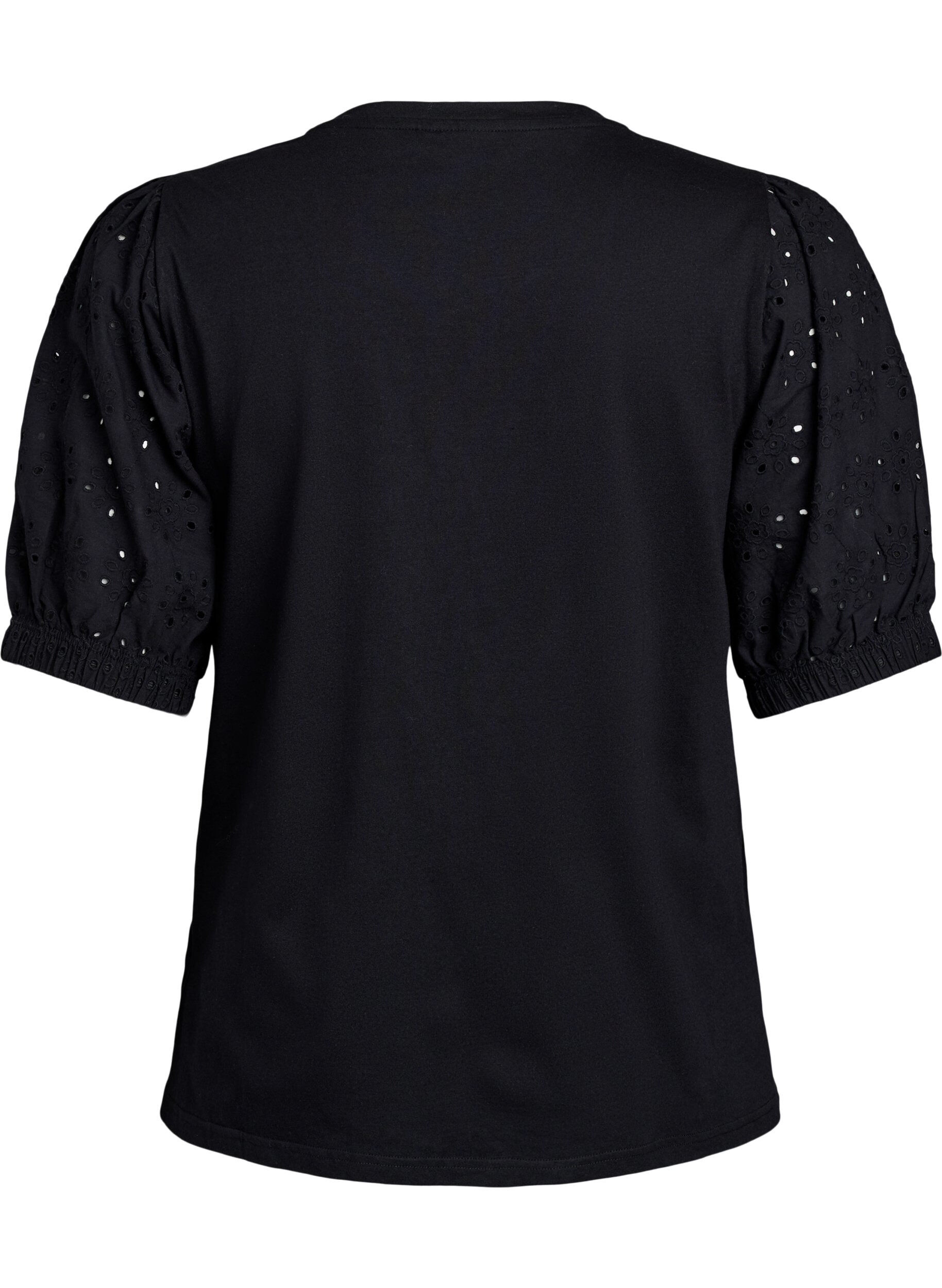 Zizzifashion T-shirt with Broderie Anglaise sleeves, Black, Packshot image number 1
