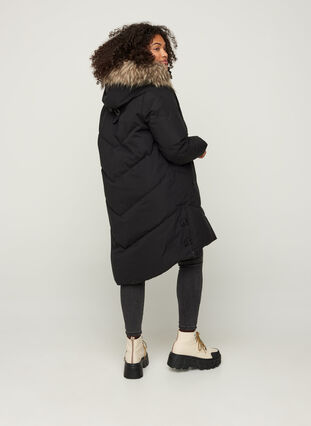 Winter coat with a hood and faux fur trim , Black, Model image number 1