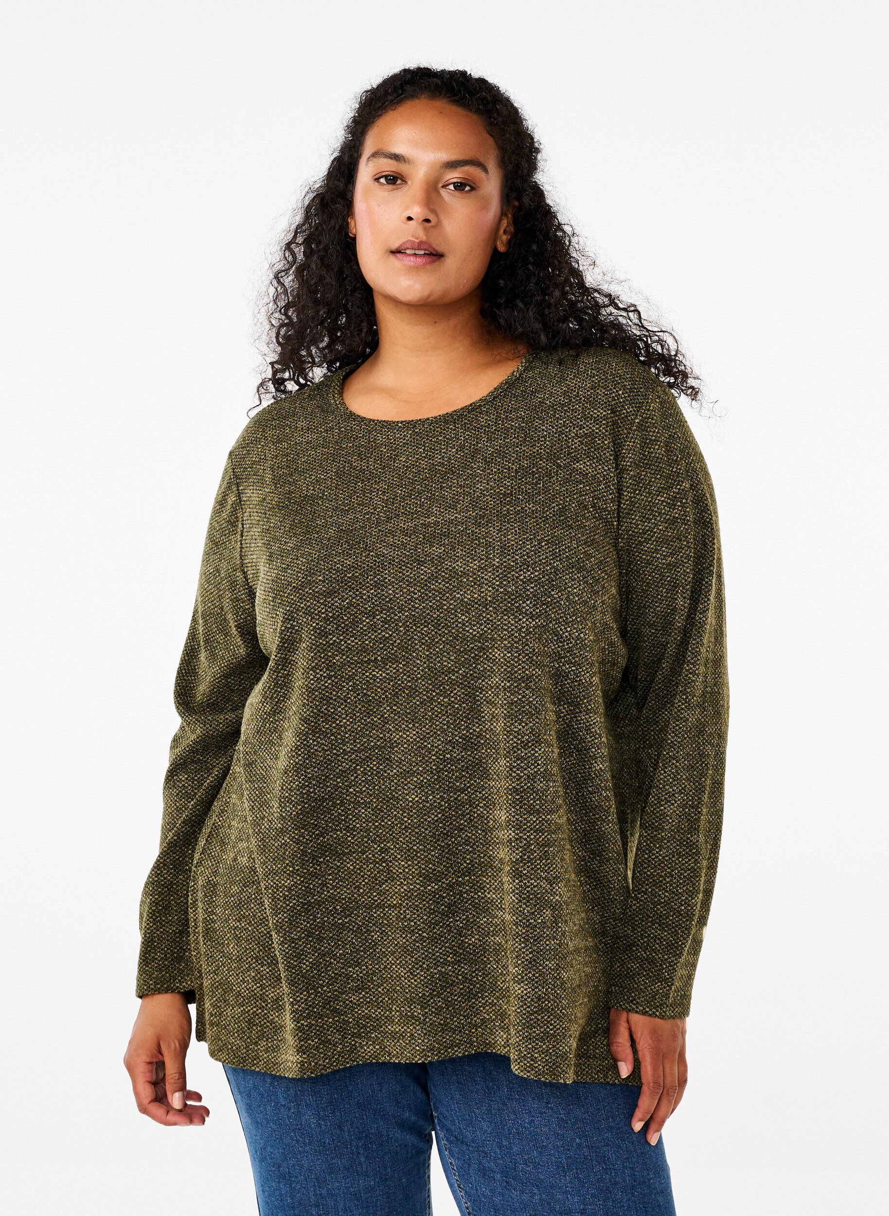 Zizzifashion Melange blouse with round neck and long sleeves, Winter Moss, Model image number 0