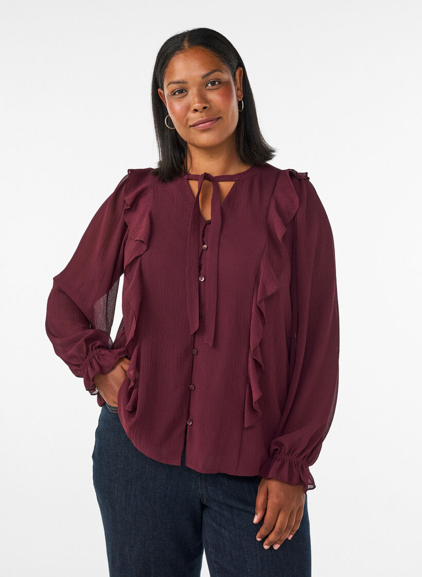 Sheer blouse with ruffles and tie-fastening, Red, Model image number 0