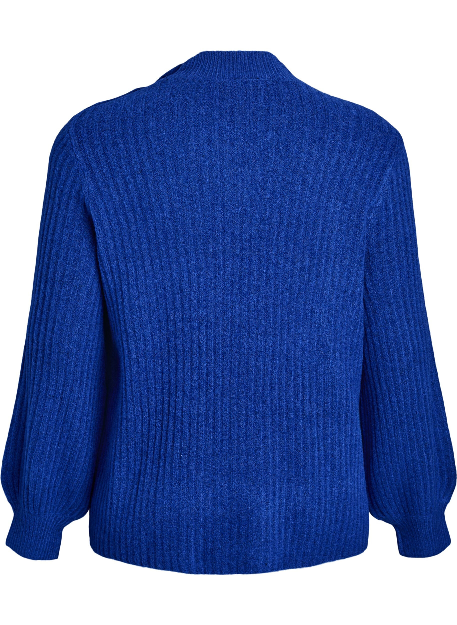 Zizzifashion Ribbed jumper with puff sleeves and buttons, Blue, Packshot image number 1