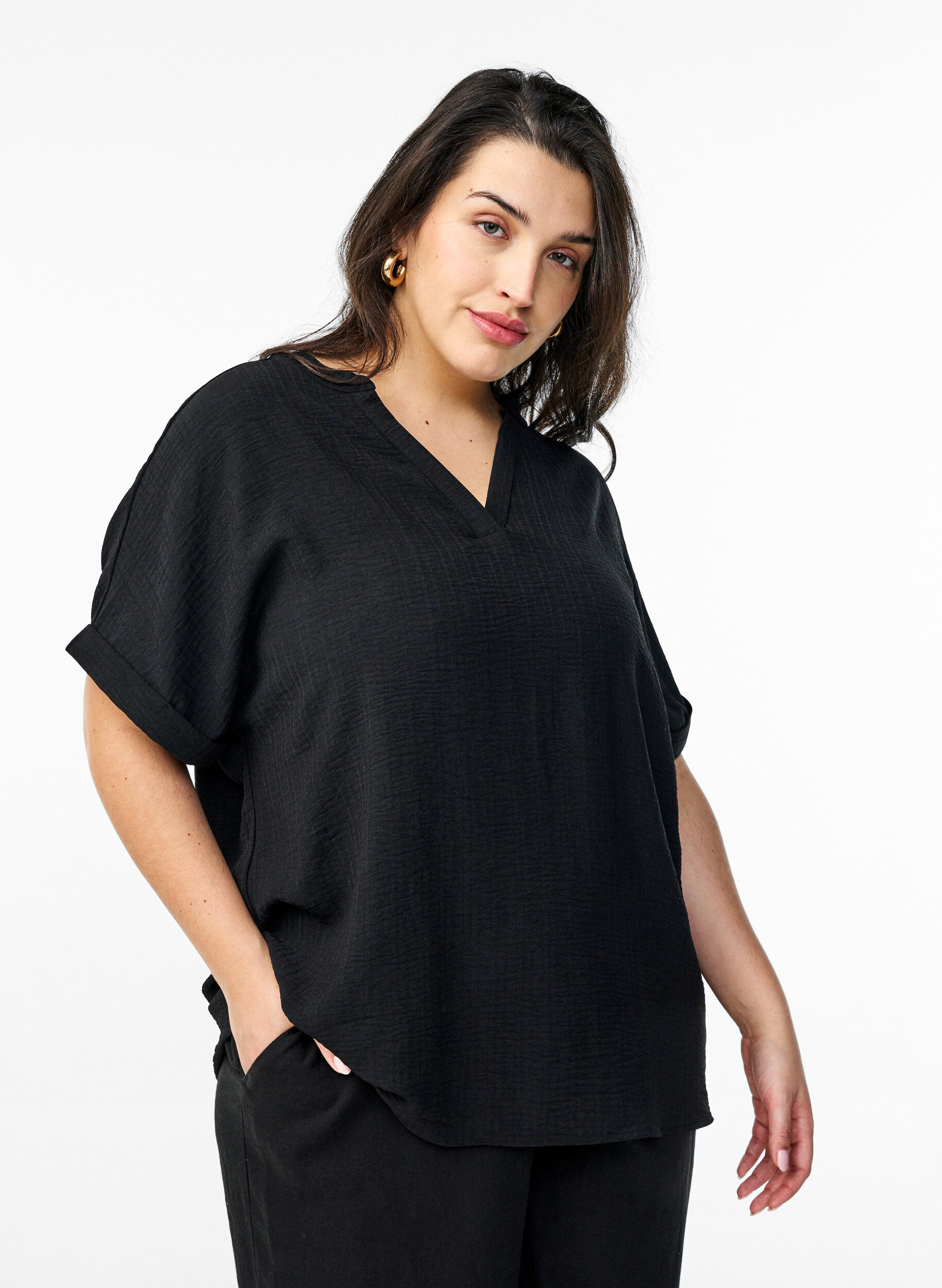 ZizzifashionLoose blouse with short sleeves, Black, Model image number 0