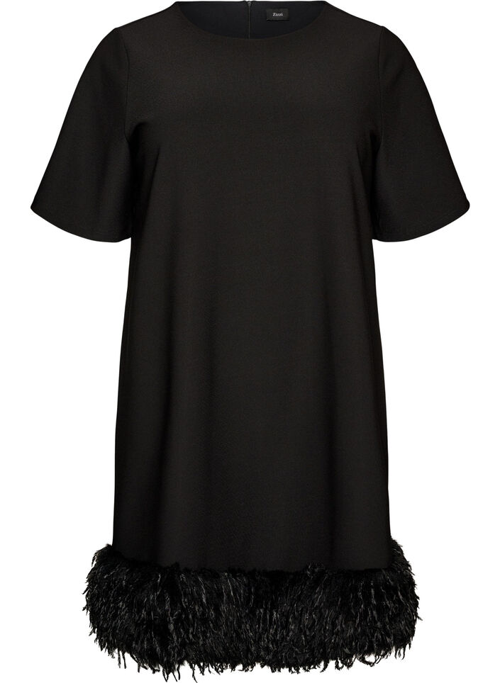 Short jersey dress with feather trim, Black, Packshot image number 0