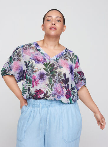 Floral blouse with 2/4-length sleeves, Purple Flower mix, Model image number 0