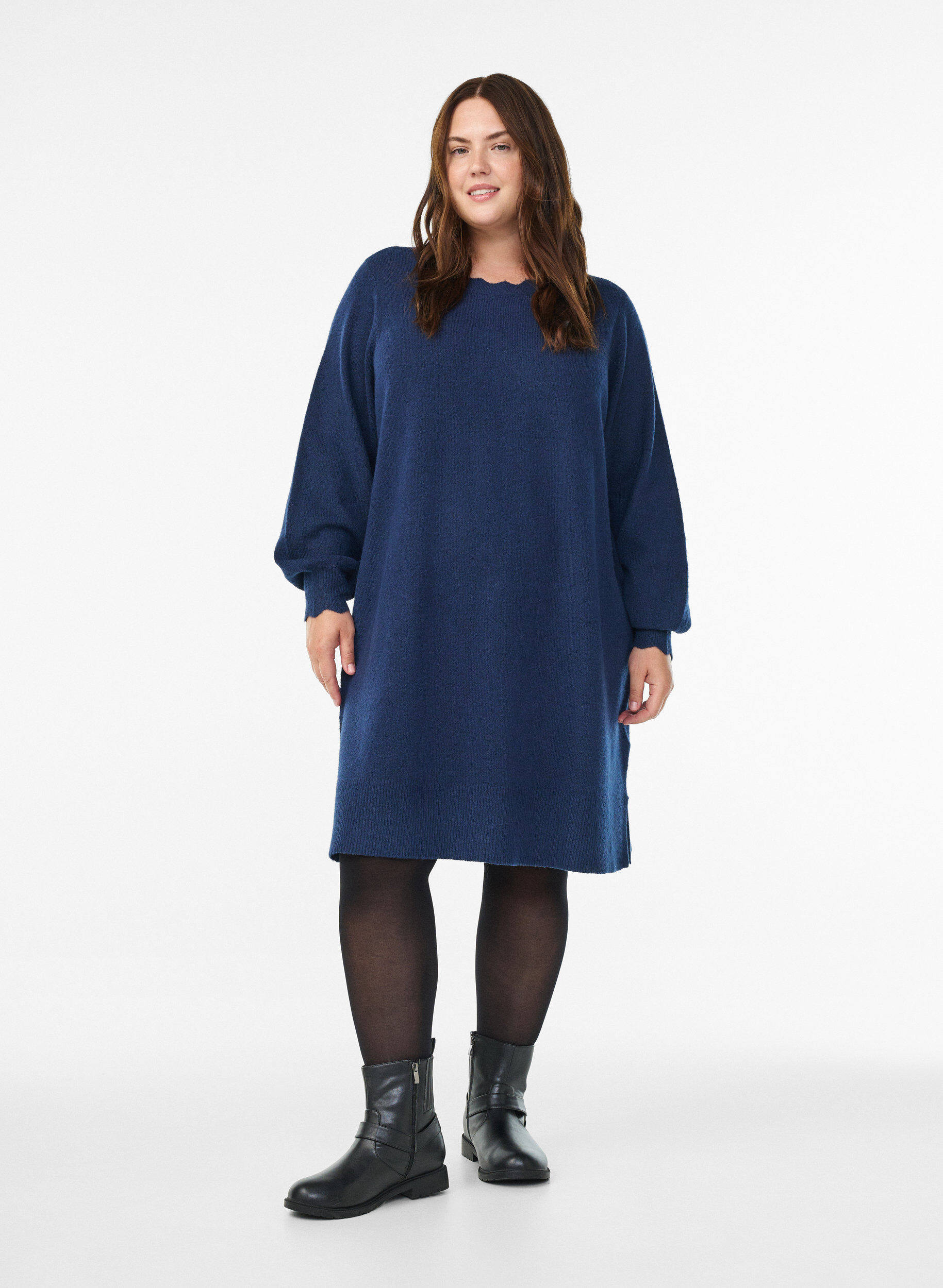 ZizzifashionShort knitted dress with wavy hem and slits, Blue, Model image number 1