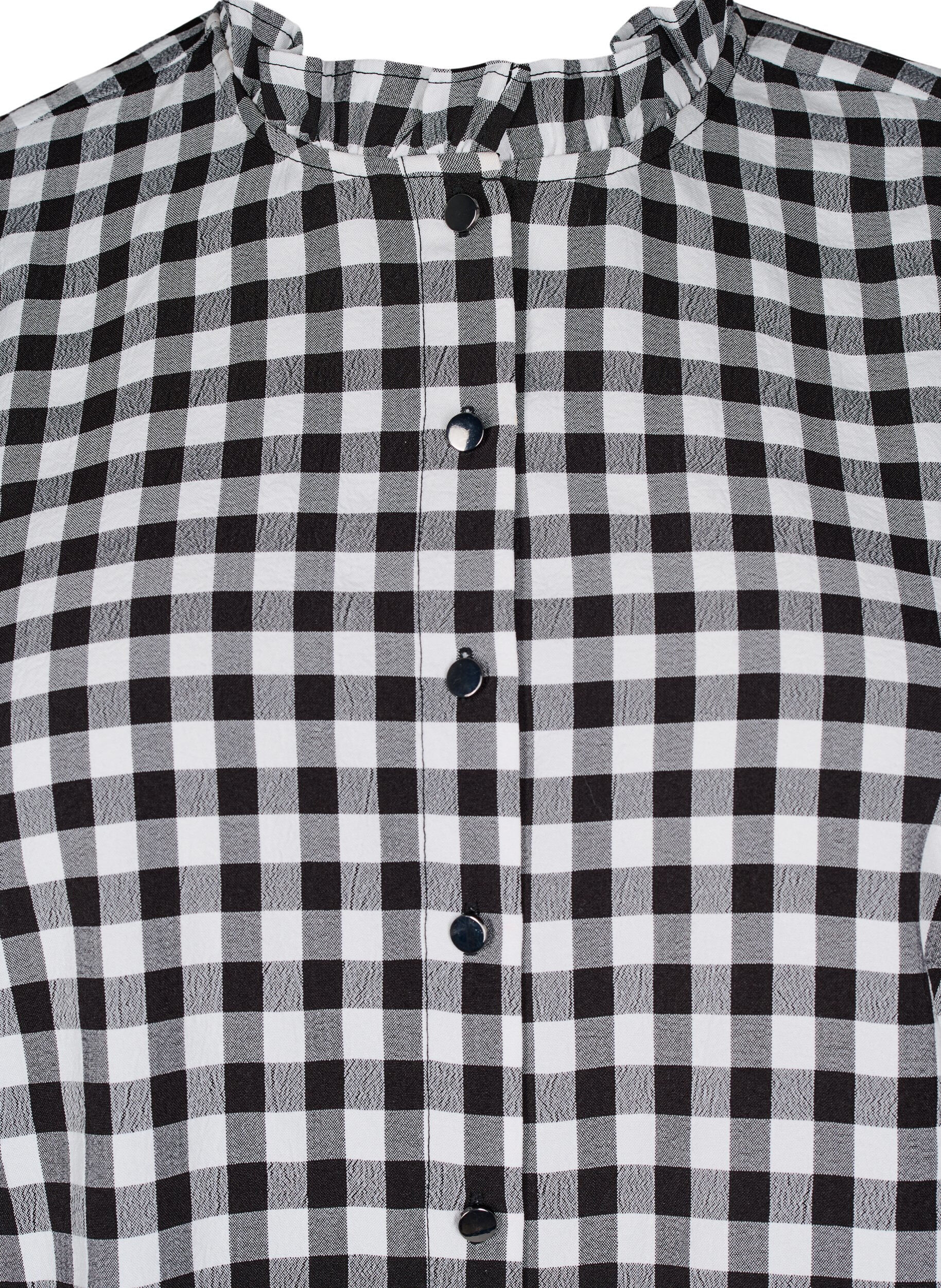 Zizzifashion Checked shirt blouse with ruffle details, Black/W. Gingham, Packshot image number 2