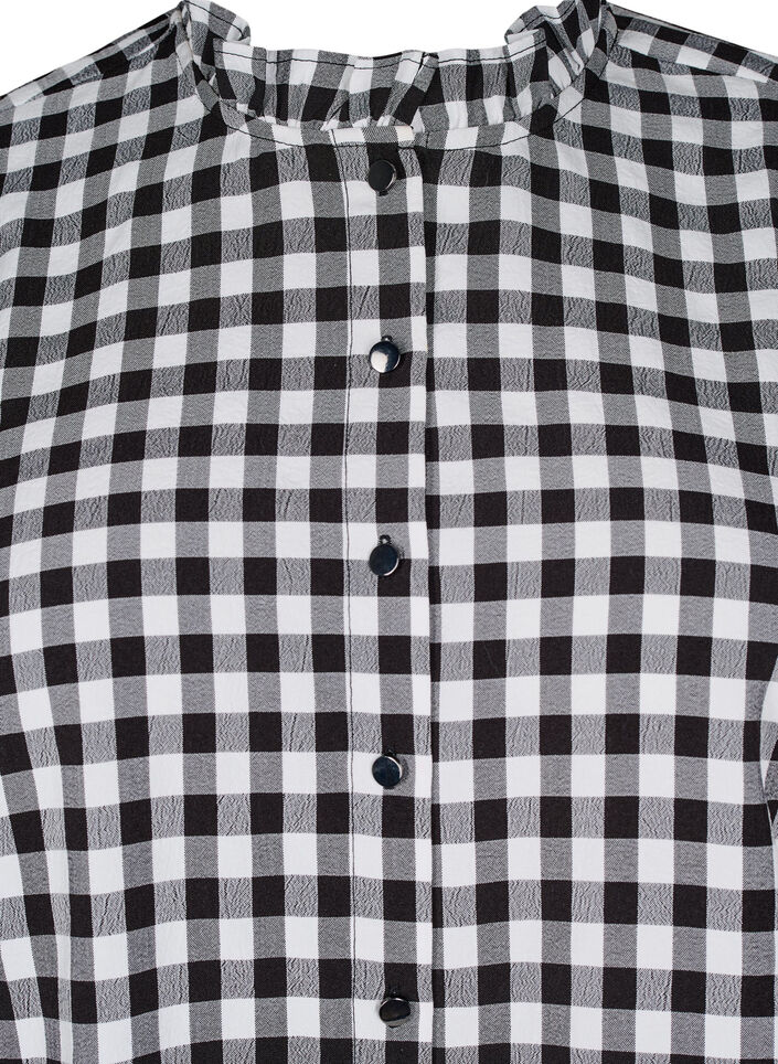 Checked shirt blouse with ruffle details, Black/W. Gingham, Packshot image number 2