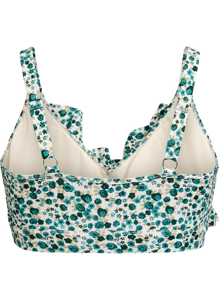 Floral bikini top with ruffle details, Green, Packshot