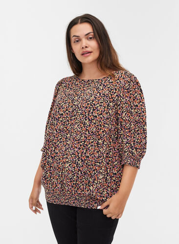 Printed blouse with smock and 3/4 sleeves, Ditsy Flower AOP, Model image number 0