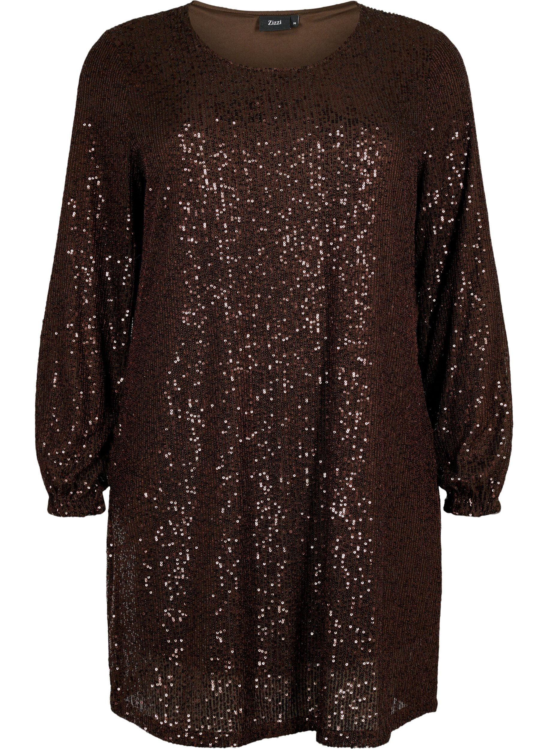 Zizzifashion Short sequin dress with long sleeves, Chicory Coffee, Packshot image number 0