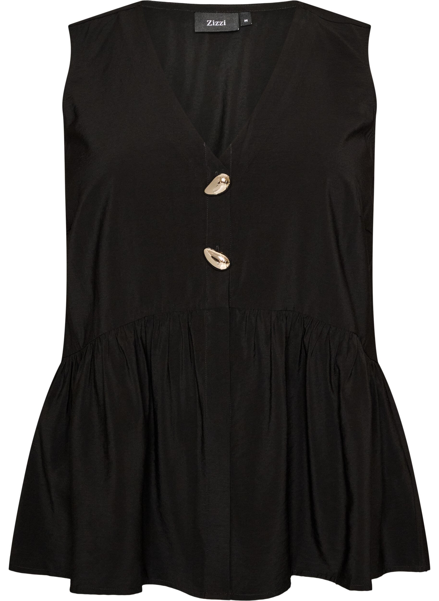 ZizzifashionSleeveless peplum blouse with decorative buttons, Black, Packshot image number 0