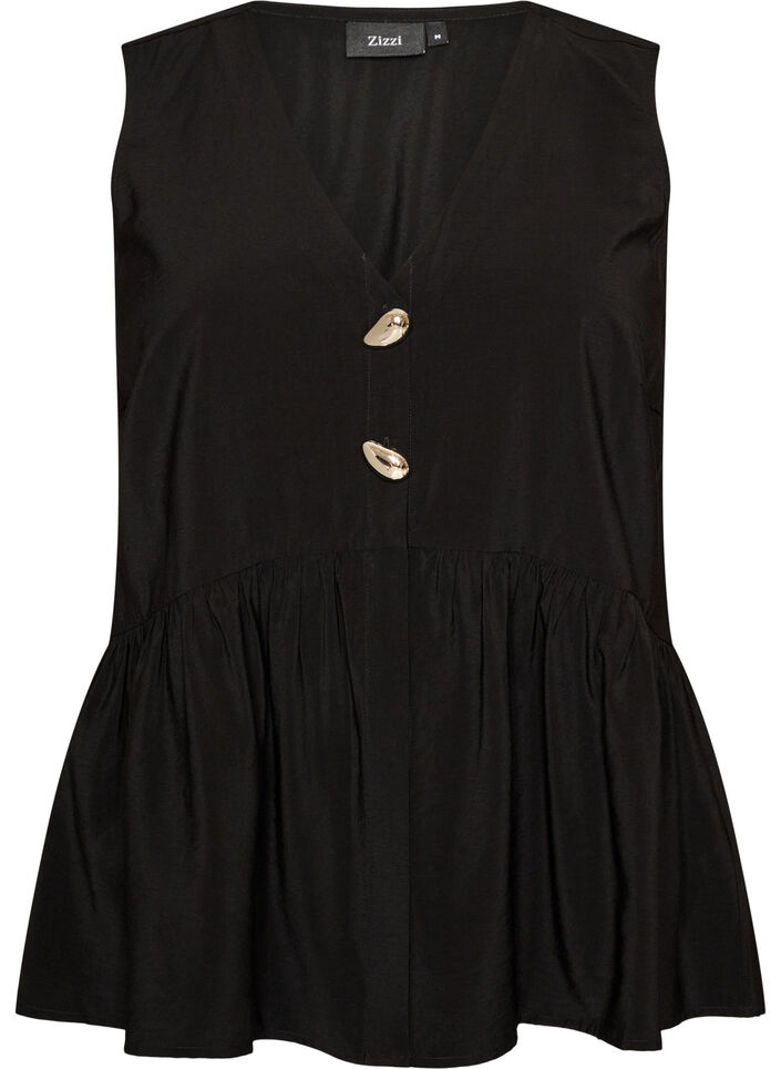 Sleeveless peplum blouse with decorative buttons, Black, Packshot image number 0