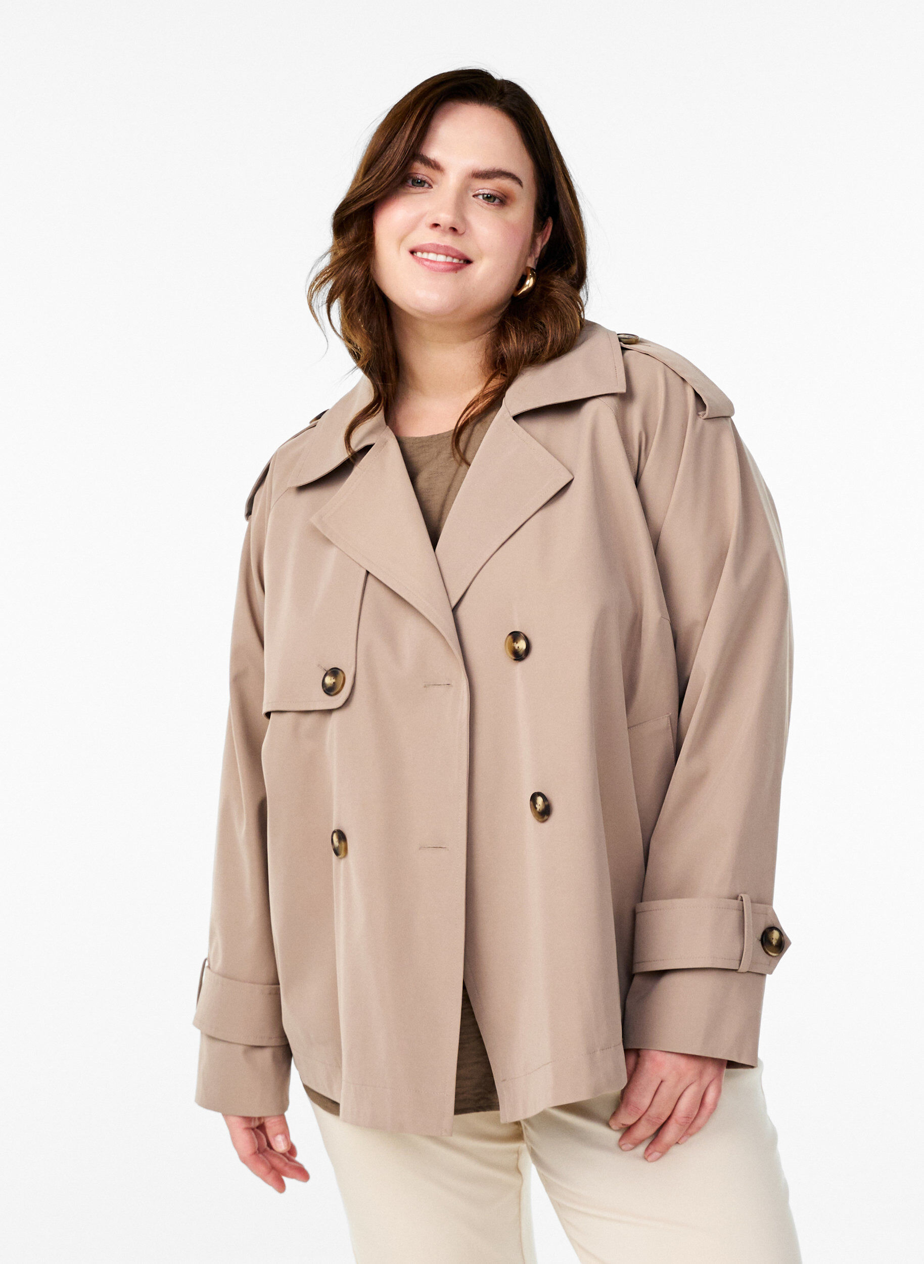 Short trench coat with classic details, Grey, Model