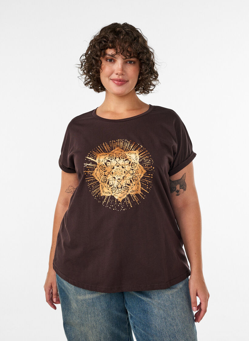 T-shirt with decorative front print, Brown, Model image number 0