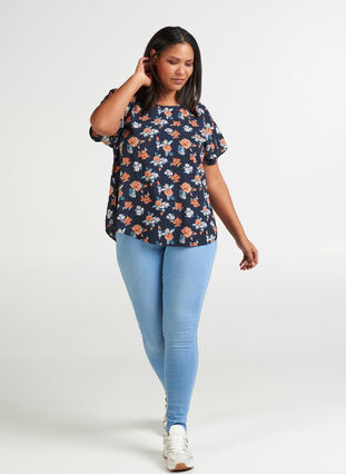 Blouse with short sleeves, Blue w. flowers , Model image number 2